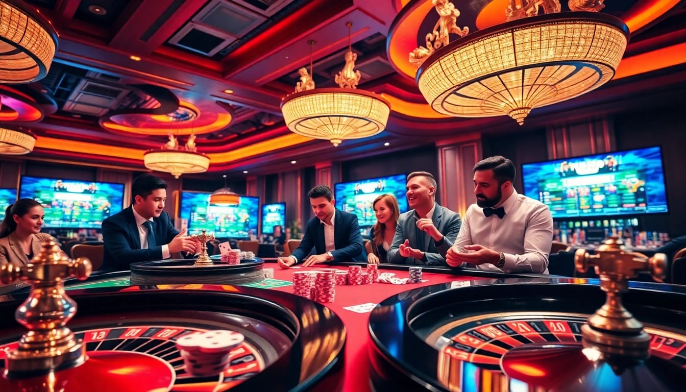 Gamblers enjoying vibrant action at a casino table, capturing the thrill of online gambling at https://vin88ac.com/.