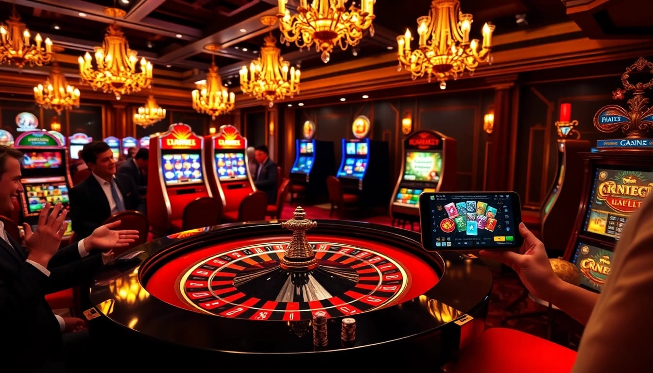 An exciting casino scene at https://nk88top.com/, featuring a roulette table and vibrant slot machines.