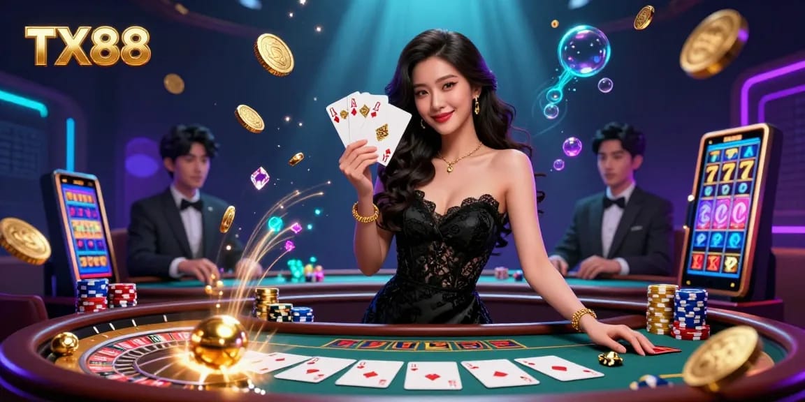 Play winning hands with TX88 at a luxury casino, featuring vibrant games and elegant ambiance.