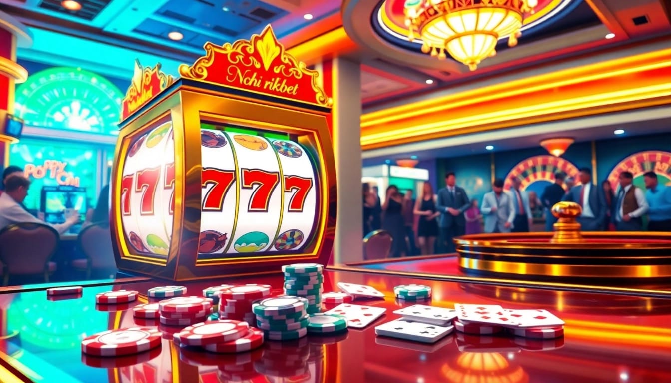 Nổ hũ rikbet spins the reels in a vibrant casino environment filled with excitement and winning chances.