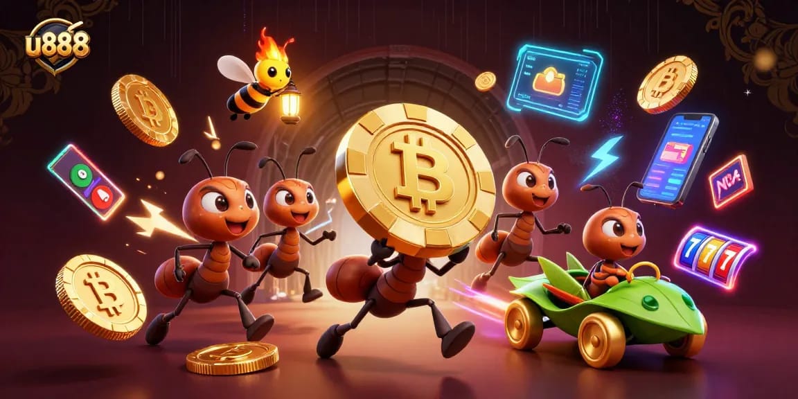 u888 casino heist scene with ants carrying golden poker chip & crypto coins