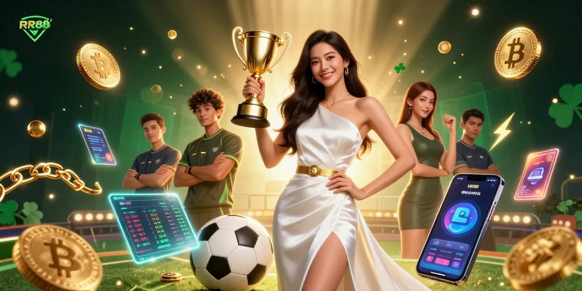 Experience the thrill of RR88 betting with this victorious Asian woman celebrating in a dynamic casino scene filled with sports elements and cryptocurrency.