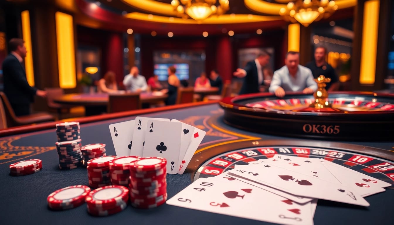 Participants enjoy exhilarating gameplay at OK365 casino, showcasing poker chips and playing cards.