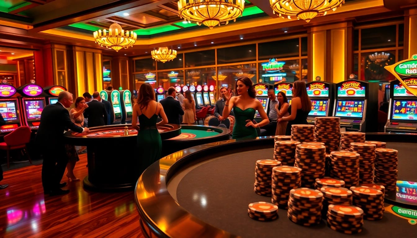 Players enjoying Hubet casino games with a glamorous dealer at a roulette table.