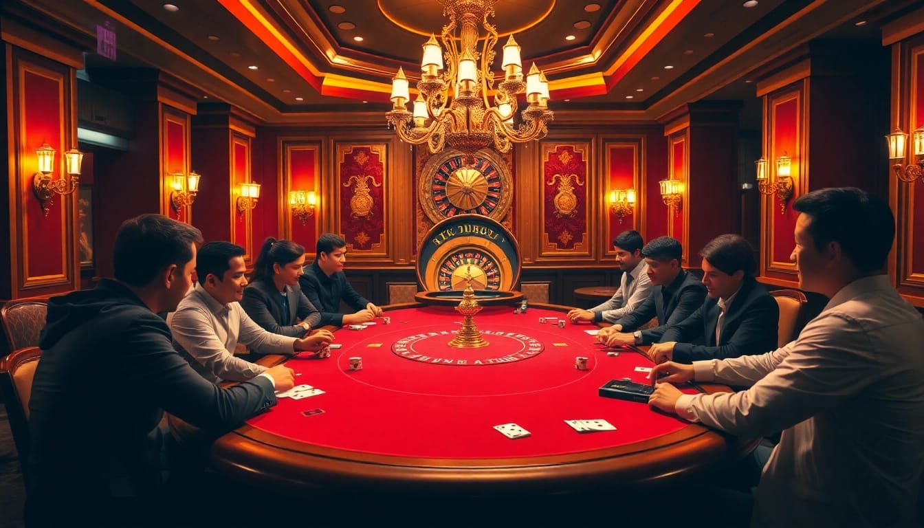 Exciting poker action at luxurious casino tables featuring https://lu88bb.com/ - high-stakes game atmosphere.