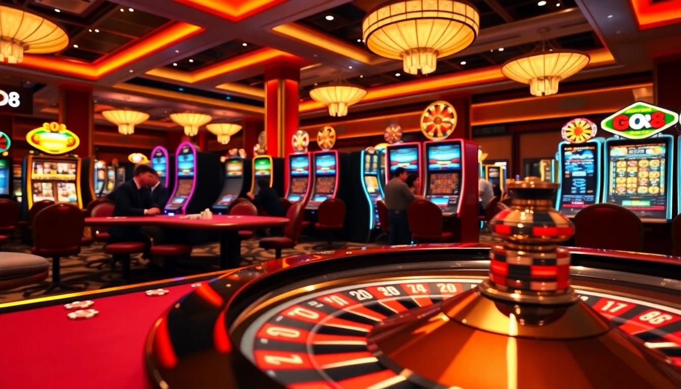 Players enjoy exciting games at GO8, showcasing luxury and thrills in a vibrant casino atmosphere.