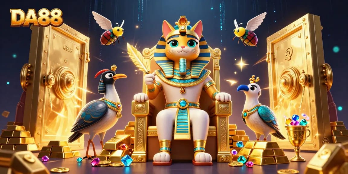Experience thrilling gaming at DA88, with a vibrant 3D depiction of a golden throne and luxurious treasures.