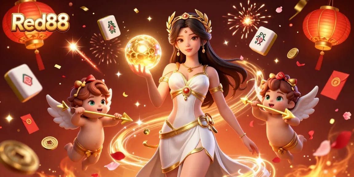 Engage in thrilling Red88 gaming experiences with a goddess and cupid cherubs.