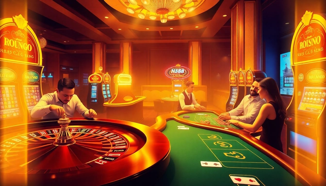 Exciting casino atmosphere with players at Nhà cái HU88 roulette and poker tables, showcasing vibrant gaming.