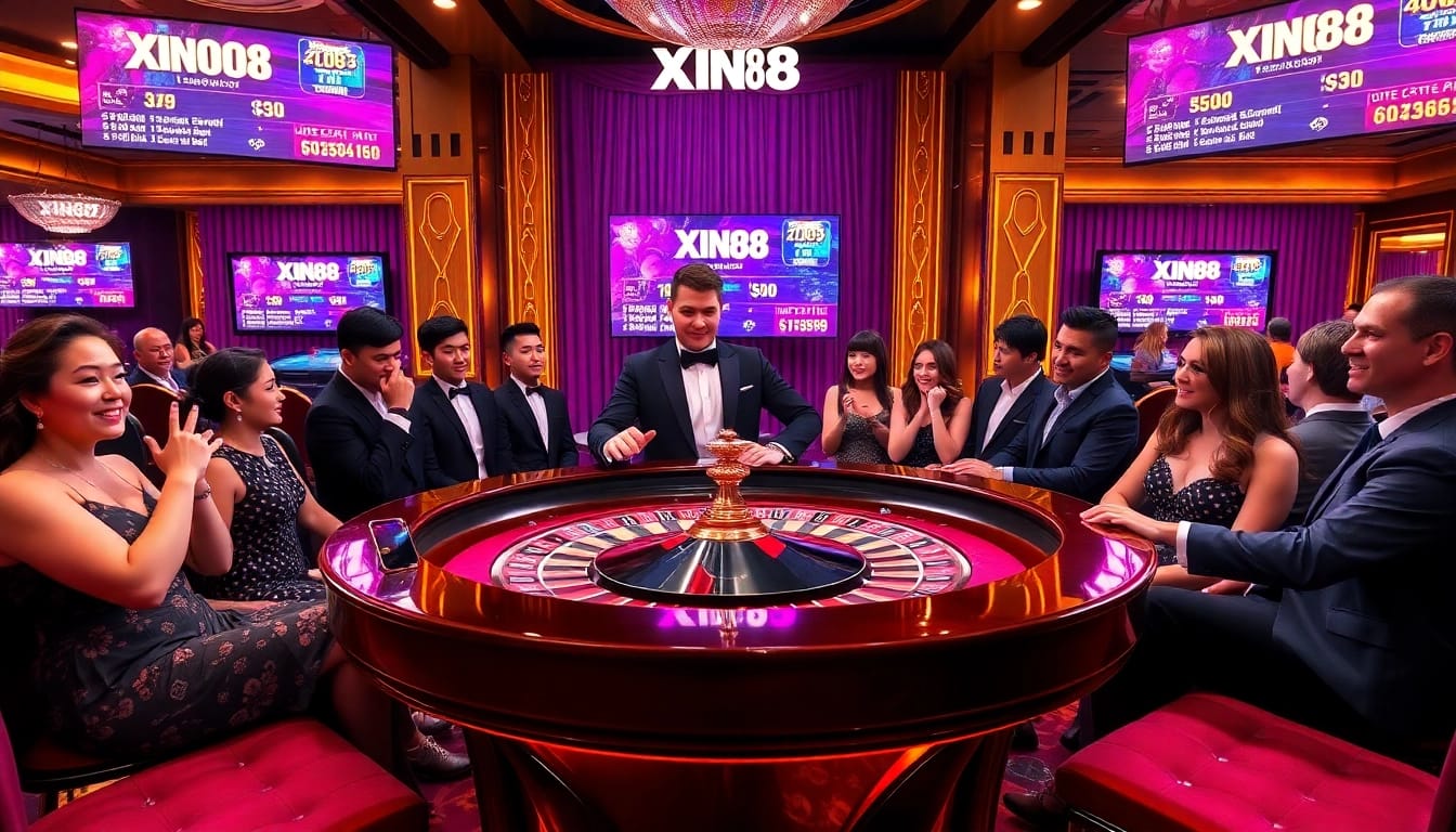 XIN88 poker players at an exciting roulette table immersed in a high-stakes game.