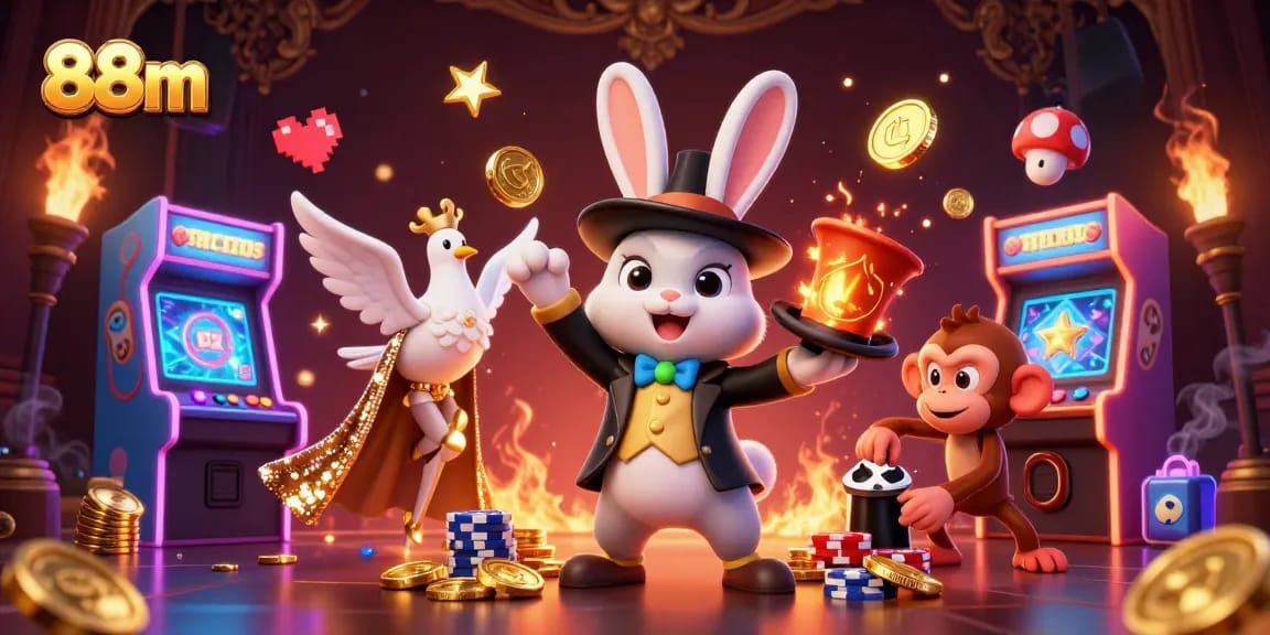 Engage in the thrilling 88m casino scene featuring a magician rabbit and golden coins scattering.