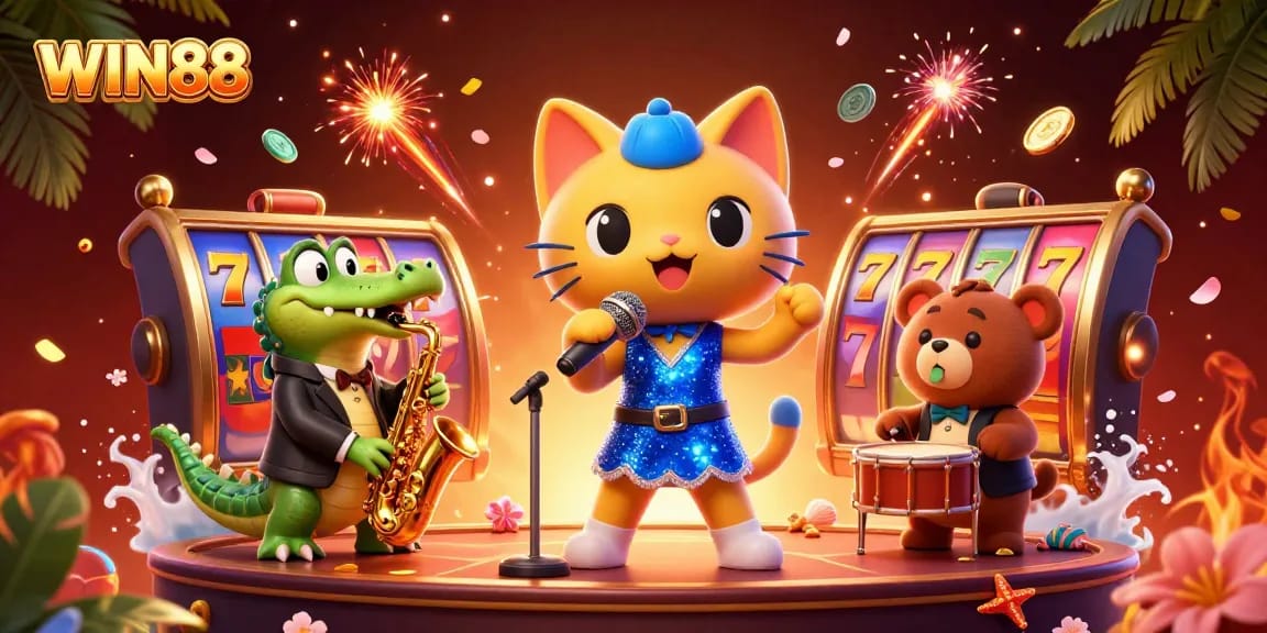 Experience the thrill of WIN88 with colorful slot reels and lively characters in this vibrant casino scene.