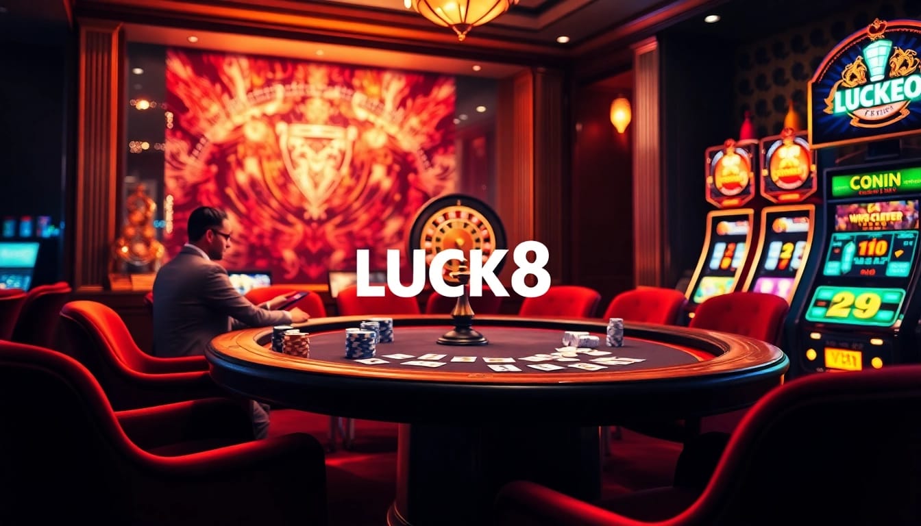 Engage with the thrill of nhà cái LUCK8 at a luxurious casino table featuring poker chips and a roulette wheel.