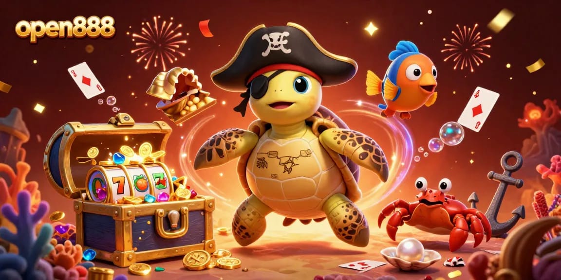 Experience the thrill of open888 with a pirate turtle navigating a treasure-filled scene.