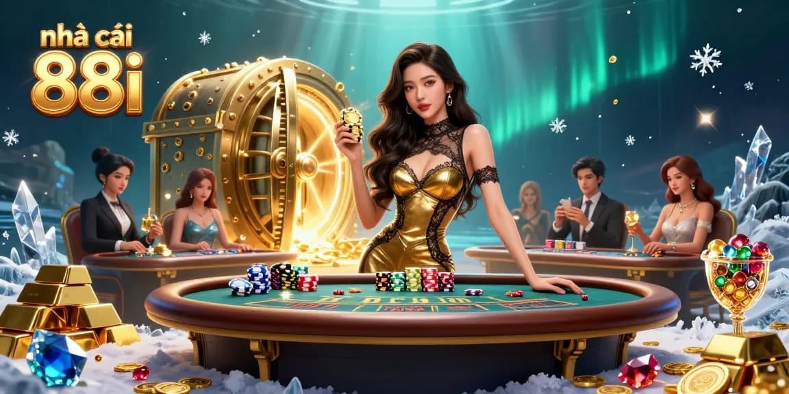 Experience high-stakes gaming at nhà cái 88i with a glamorous Asian woman at a baccarat table.