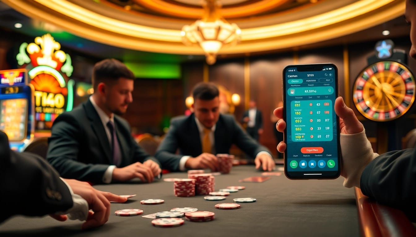 L444 players strategizing at a luxurious poker table with vibrant chips, cards, and online betting interface.