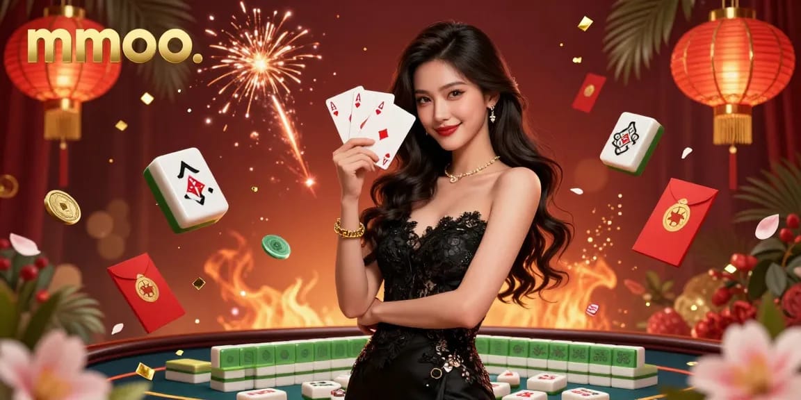 Experience excitement with mmoo at a vibrant casino featuring stunning elements and cards.