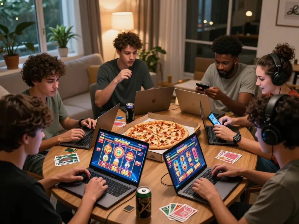 Players enjoying the Sunwin online gaming platform with laptops and snacks in a cozy living room.