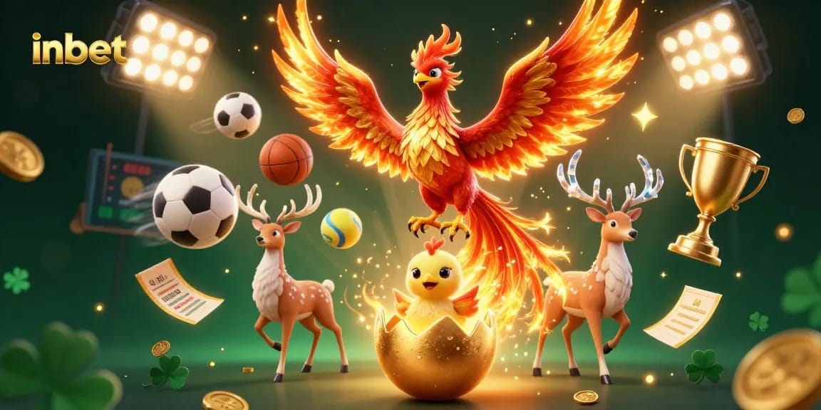 Experience thrilling sports betting action with inbet, featuring a dynamic scene filled with 3D sports elements and vibrant characters.