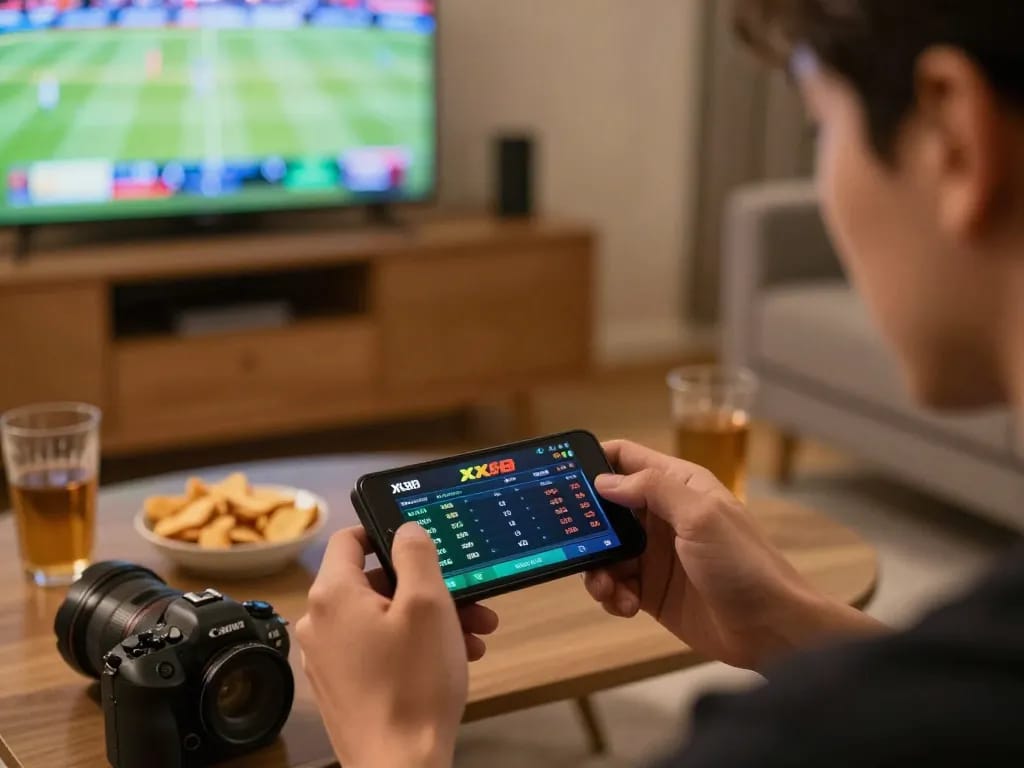 Engaged player placing bets on smartphone with XX88 promoting live sports events in a cozy setting.