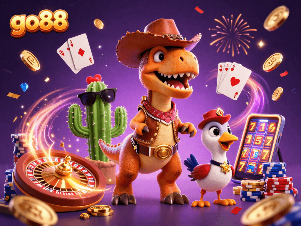 Go88's vibrant casino scene featuring a cowboy dinosaur and friends celebrating with slots and roulette.