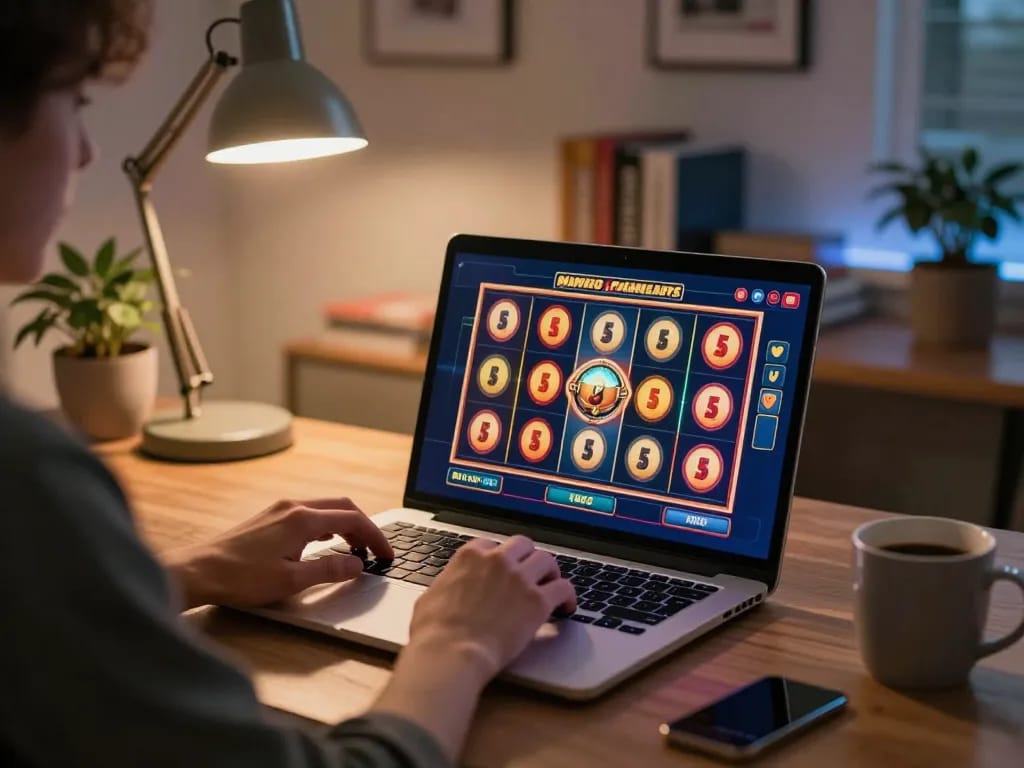 Player engaging with situs slot gacor on a laptop screen in a cozy home setup.