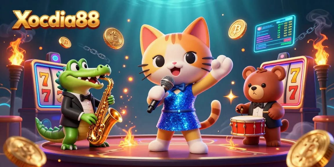 Xocdia88 jazz-singer cat headlines a colorful casino scene with vibrant slot elements and cryptocurrency.