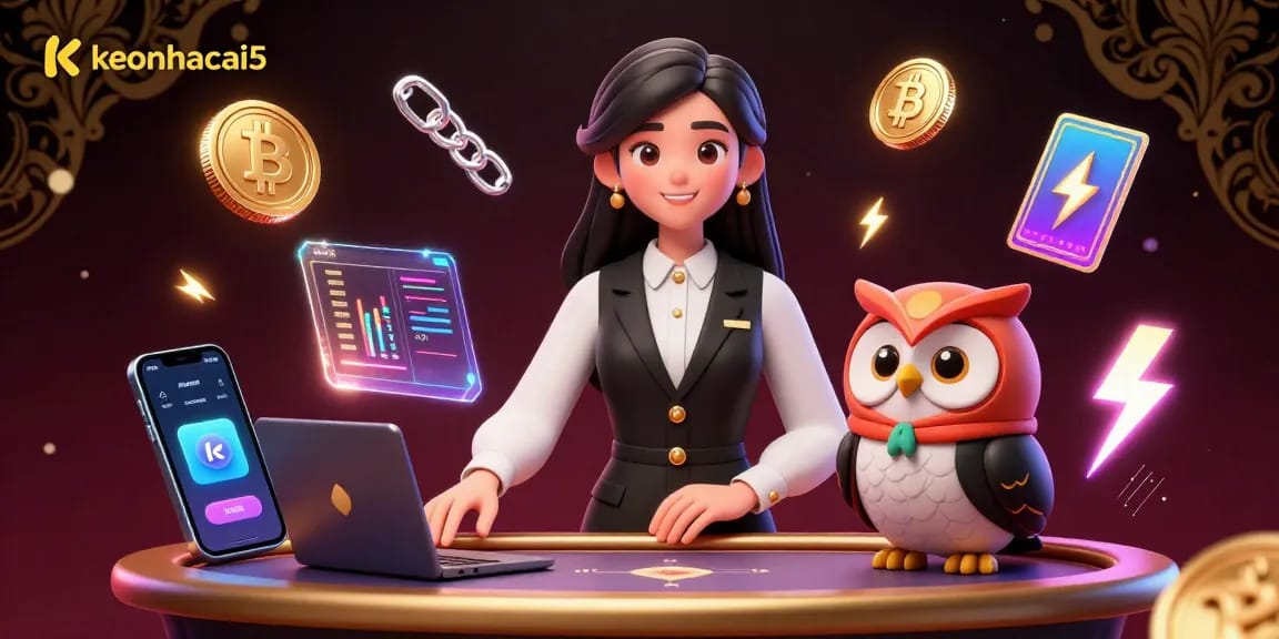 Engage in thrilling betting action with keonhacai5 at a luxurious baccarat table surrounded by cryptocurrency elements.