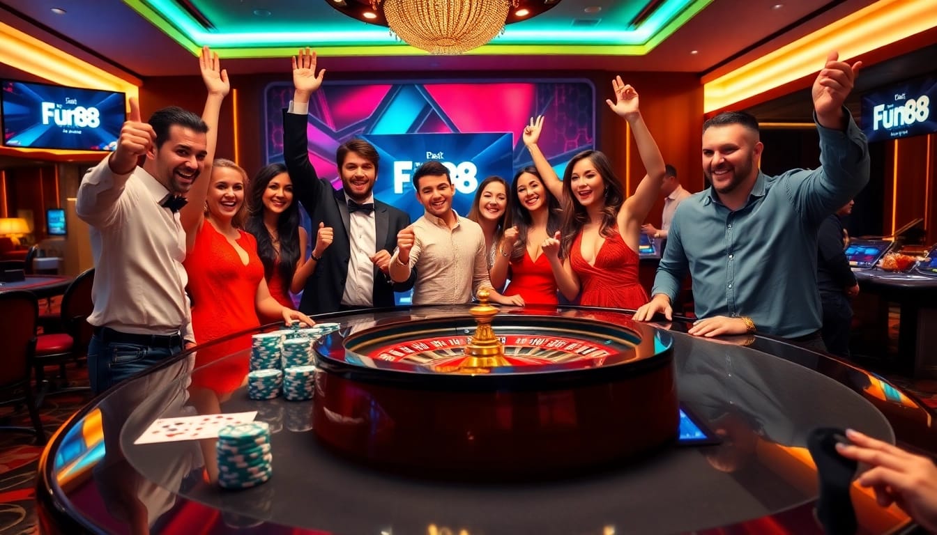 Players celebrate their wins at the Fun88 casino table filled with excitement and luxury.