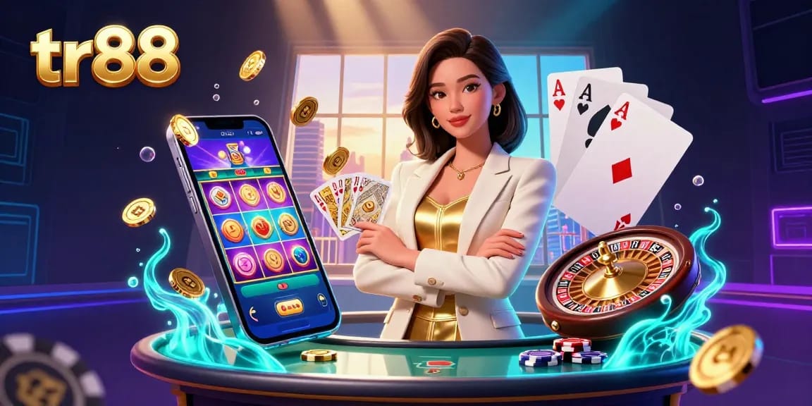 play exciting games with tr88 in a vibrant casino scene featuring slot games and a powerful woman