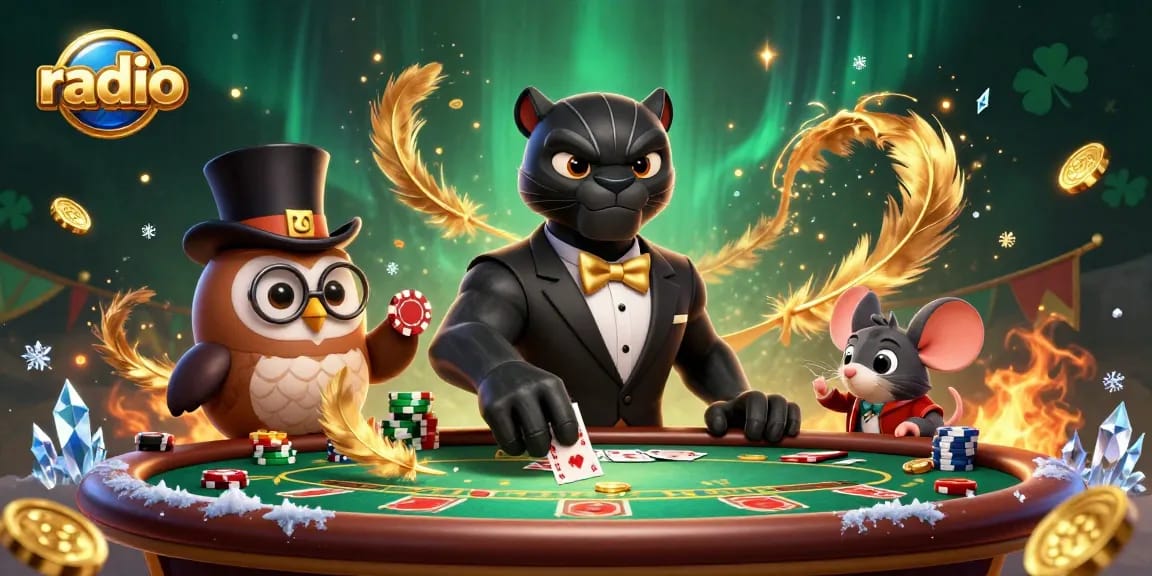 Engage at the poker table while joining the radio-themed casino adventure with charming characters.