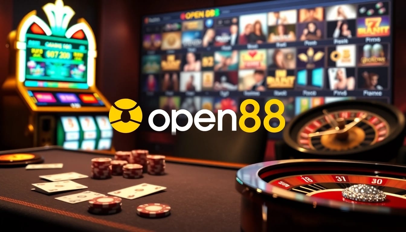 Engaging gambling scene highlighting the open88 brand with casino tables and vibrant slot machines.