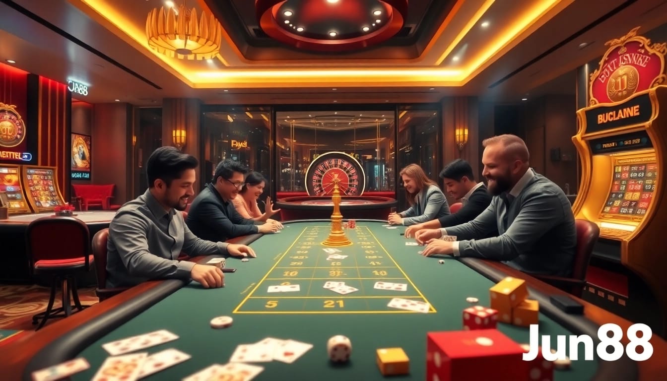 Experience the exciting atmosphere of Jun88 casino with a vibrant poker and roulette scene.