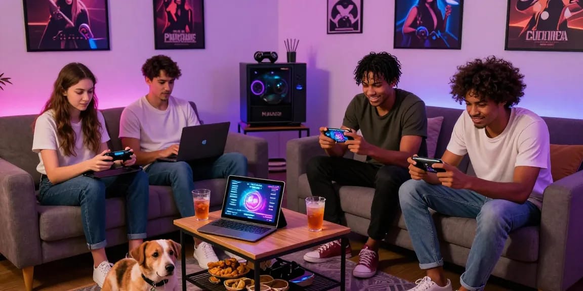 Group of friends enjoying game sex in a cozy living room with vibrant lighting.
