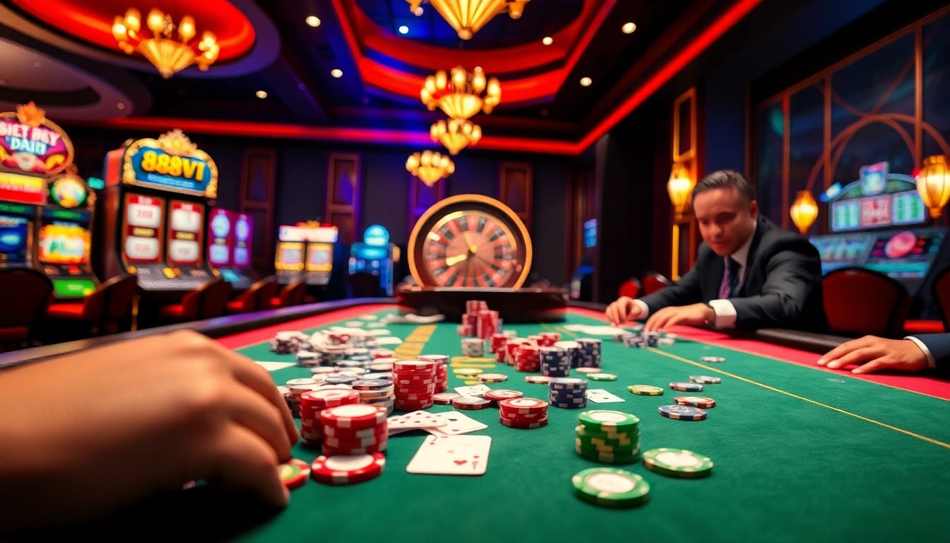 The thrilling moment of a game at 888VI casino, showcasing vibrant chips and cards on the table.