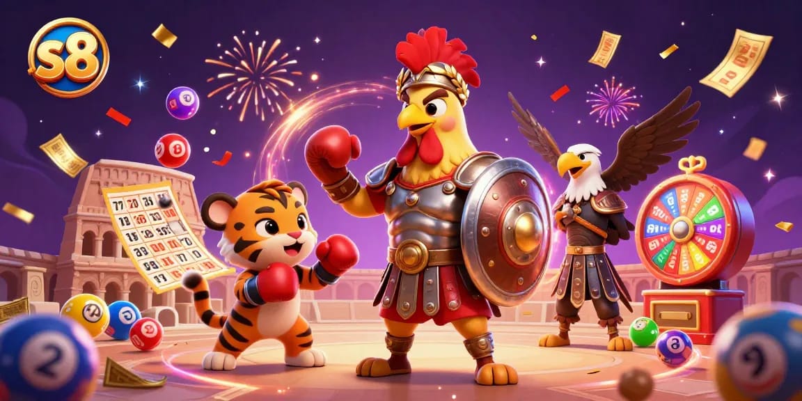 Experience thrilling action in S8 with a vivid illustration featuring a gladiator rooster and casino elements.