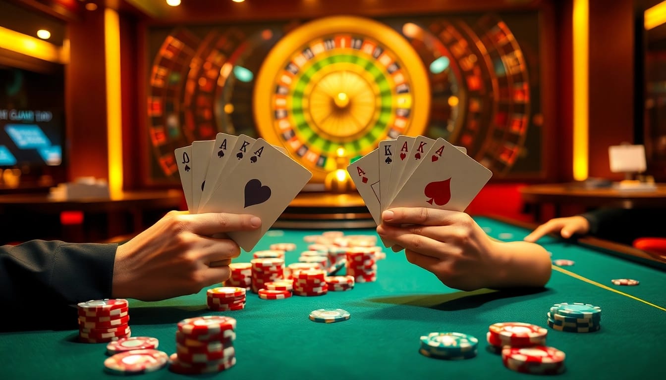 nhà cái uy tín poker players at a luxurious casino table with vibrant chips and roulette background