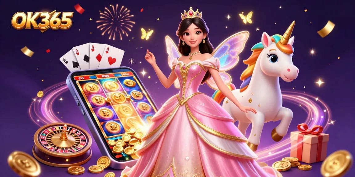 Spin slots and win with OK365’s colorful casino adventure featuring a 3D princess and unicorn.