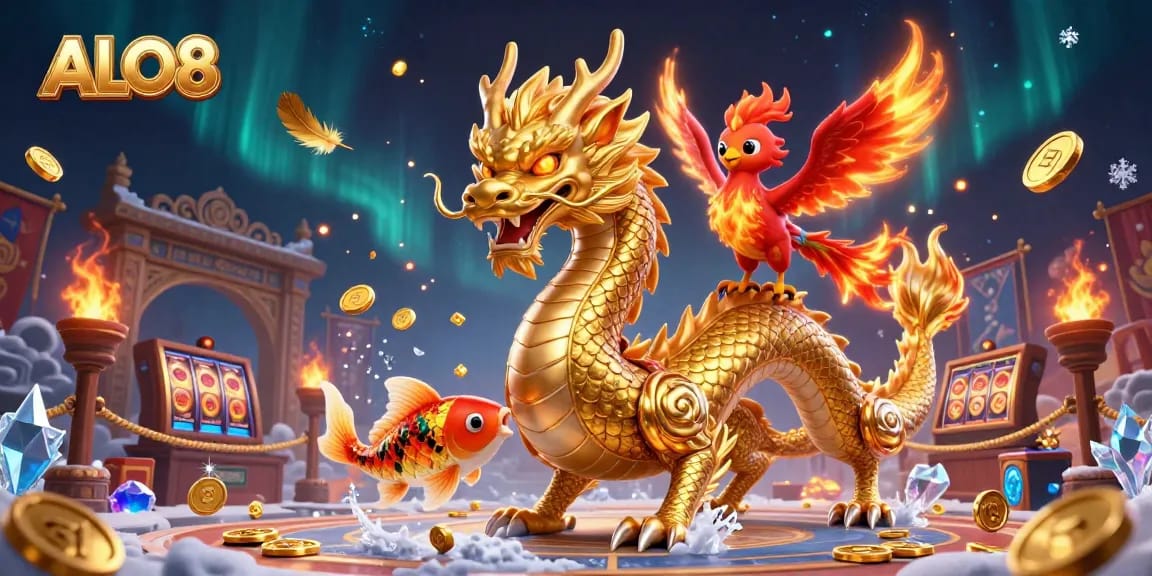 Experience thrilling gameplay at ALO8 featuring a golden dragon, phoenix, and koi, set in a vibrant casino