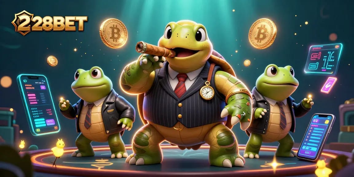 Engage with 28BET in a vibrant casino scene featuring a snapping turtle in a suit with casino elements.