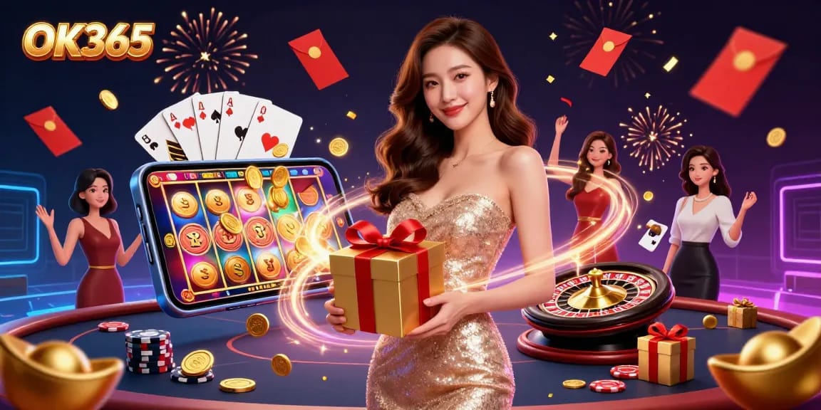 Experience the excitement of OK365 with a festive casino celebration and immersive gaming atmosphere.