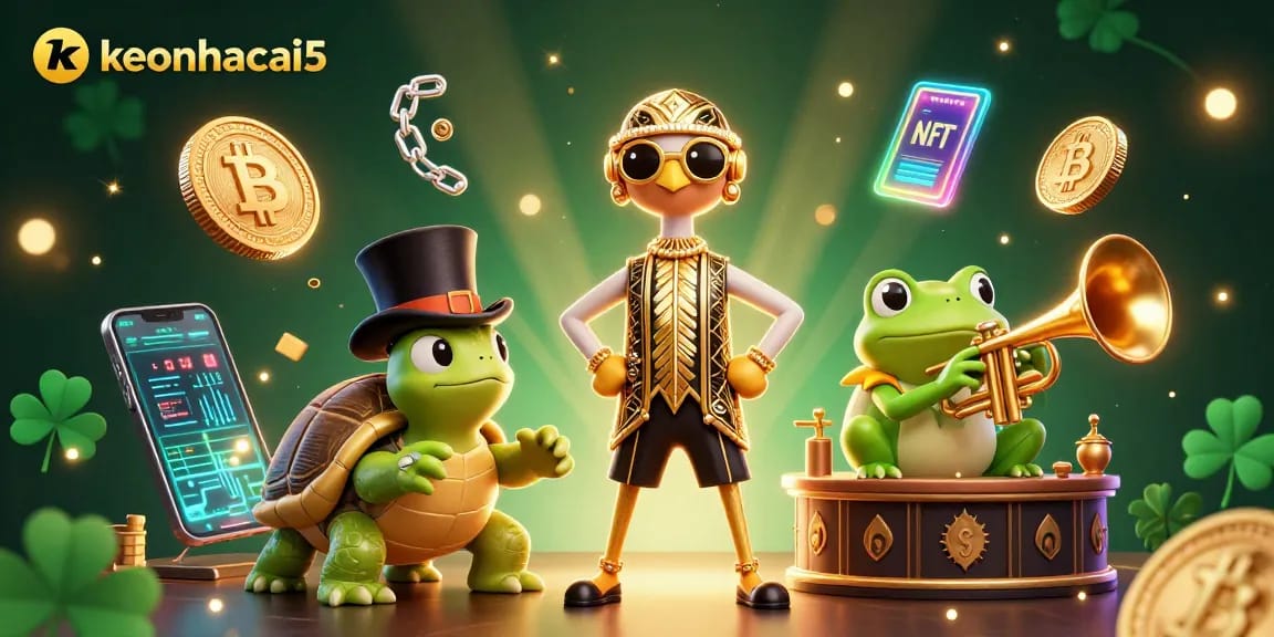 Engage with keonhacai5 at a vibrant 3D casino scene featuring a turtle, crane, and frog.