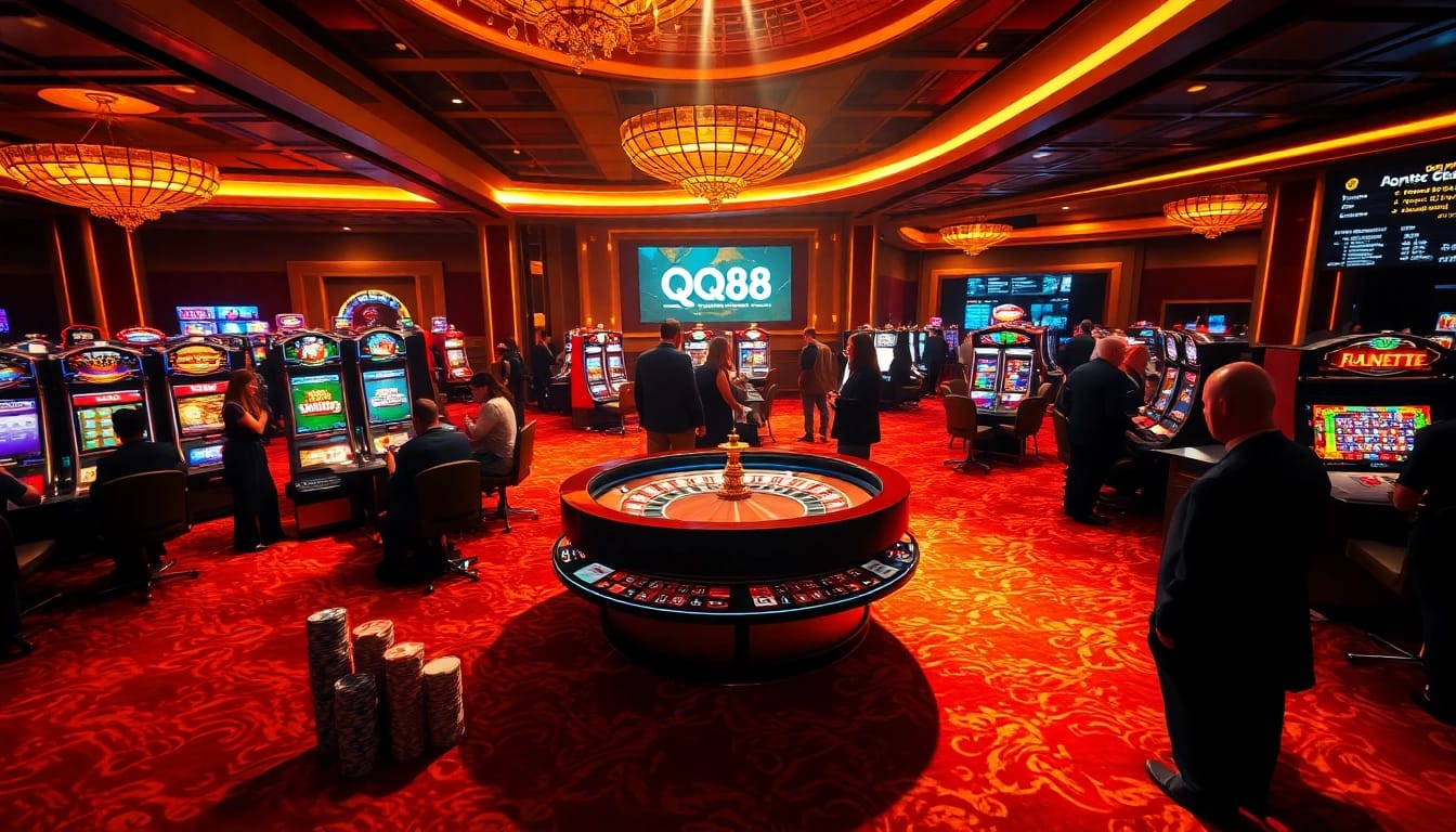 Experience the thrill of QQ88 in a luxurious casino atmosphere with exciting gaming elements.