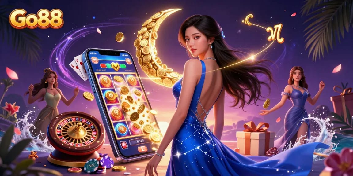 Engage with Go88's vibrant casino gaming featuring a stunning scene of excitement and adventure.