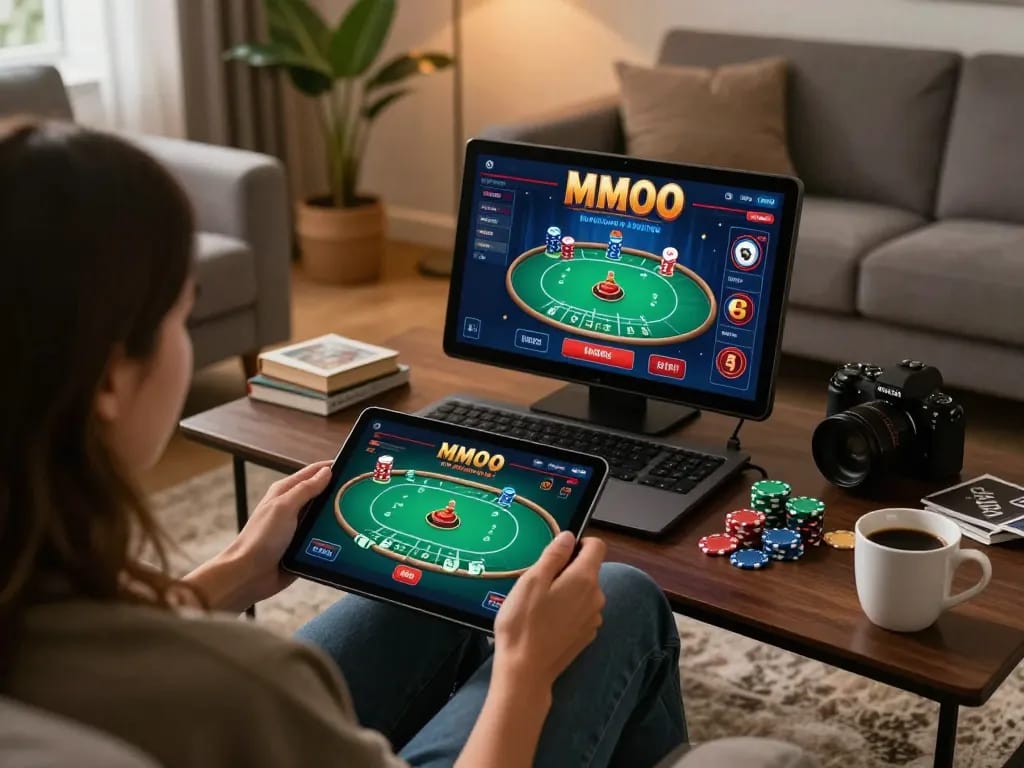 Engaging online poker gameplay on MMOO tablet at stylish home setup