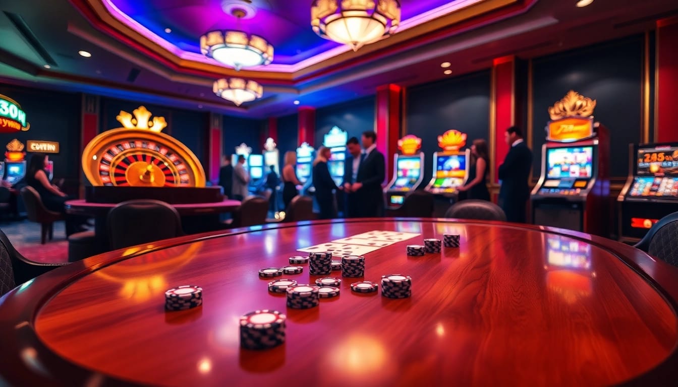 Engaging casino scene highlighting 789win with poker chips, roulette, and vibrant slot machines.