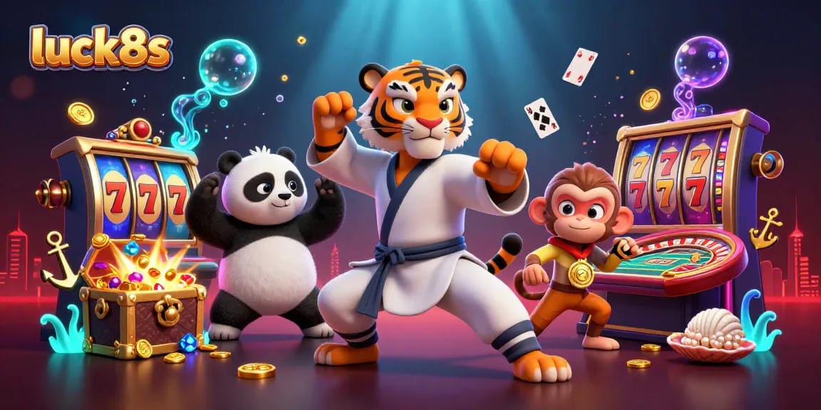Engage with luck8s casino fun featuring a kung fu tiger master, panda disciple, and playful monkey amidst slot reels.