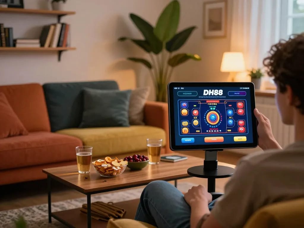 Player enjoying an online gaming session on a tablet at DH88 casino, relaxing in a cozy home