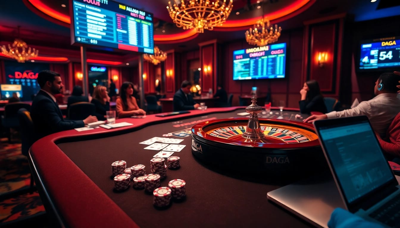 Exciting gameplay at DAGA with poker chips and cards on a casino table