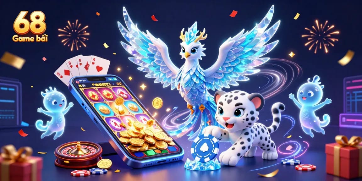Experience thrilling action with 68 Game bài as a colorful ice phoenix, snow leopard, and sparkling sprites engage in vibrant gameplay.